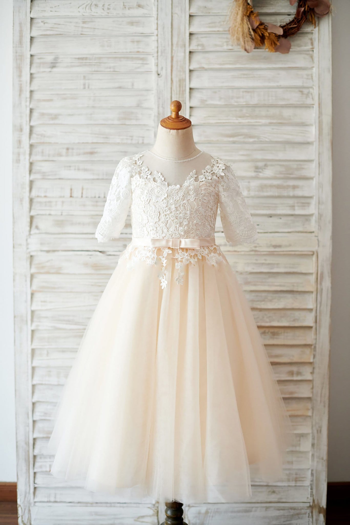 Girls Ivory Lace Champagne Tulle Flower Girl's Dress Party Dress Communion Dress