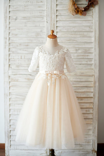 Girls Ivory Lace Champagne Tulle Flower Girl's Dress Party Dress Communion Dress