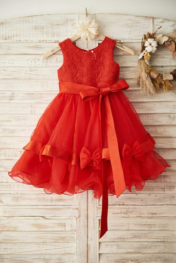 Girls Red Lace Organza Party Dress Flower Girl Dress with Belt