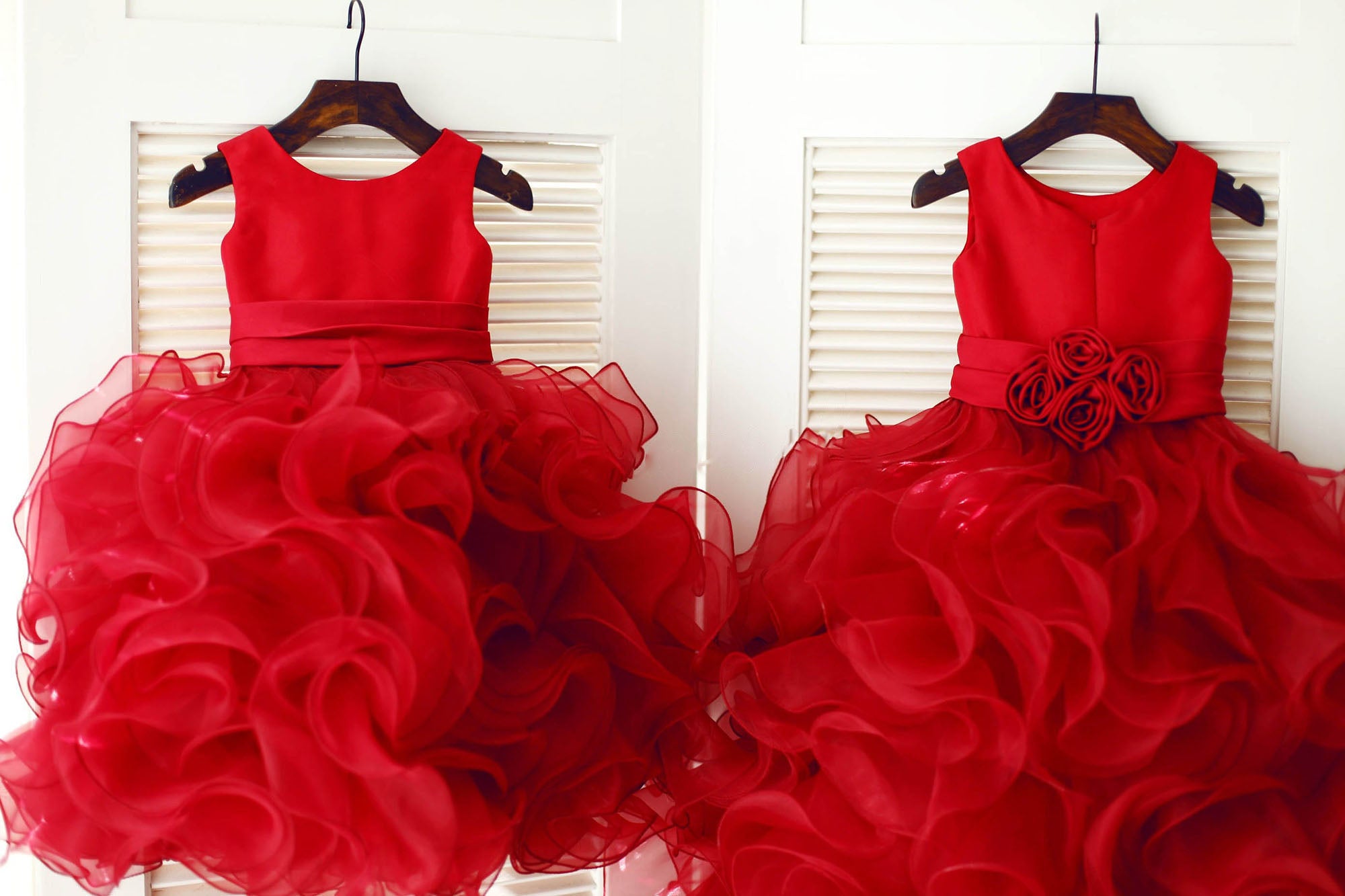 Girls Red Satin Ruffle Organza TUTU Princess Flower Girl Dress Party Dress