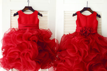 Girls Red Satin Ruffle Organza TUTU Princess Flower Girl Dress Party Dress
