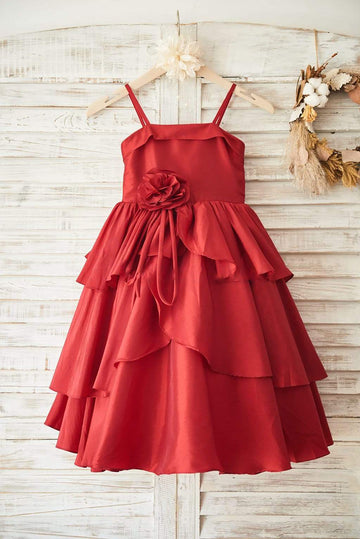 Girls Red Taffeta Cupcake Party Dress Flower Girl Dress with Spaghetti Straps / Bow