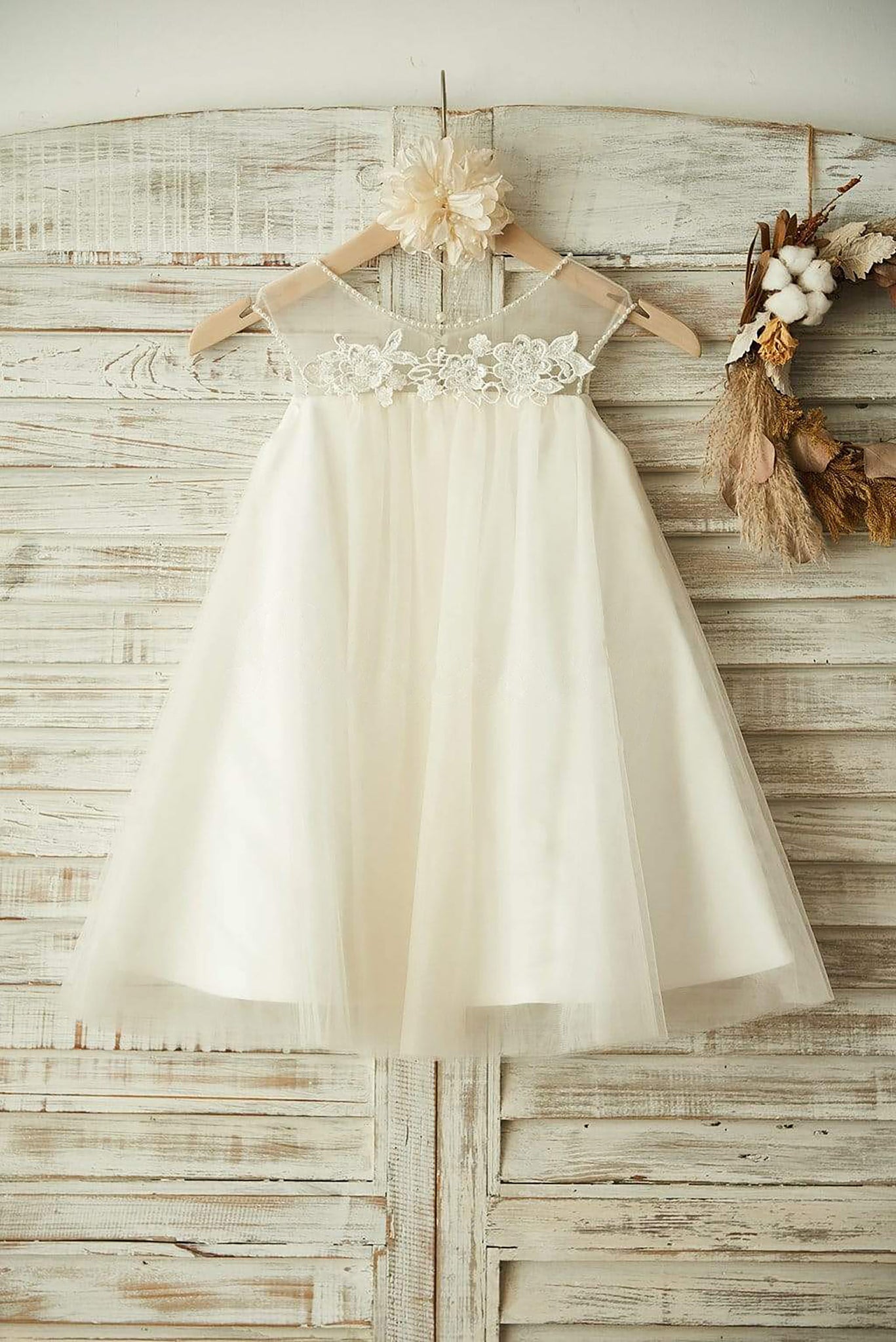 Girls Sheer Neck Champagne Tulle Lace Flower Girl Dress Party Dress with Pearls