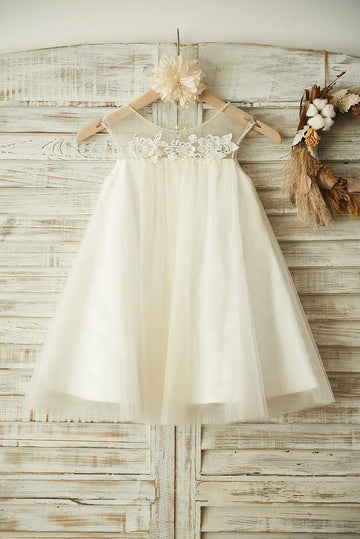 Girls Sheer Neck Champagne Tulle Lace Flower Girl Dress Party Dress with Pearls
