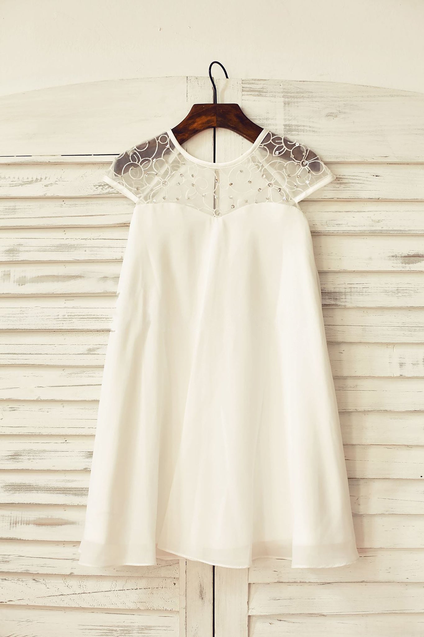 Girls Sheer Neck Ivory Chiffon Flower Girl Dress Party Dress