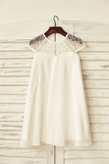 Girls Sheer Neck Ivory Chiffon Flower Girl Dress Party Dress