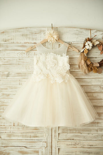 Girls Sheer Neck Ivory Lace Champagne Tulle Flower Girl Dress Party Dress