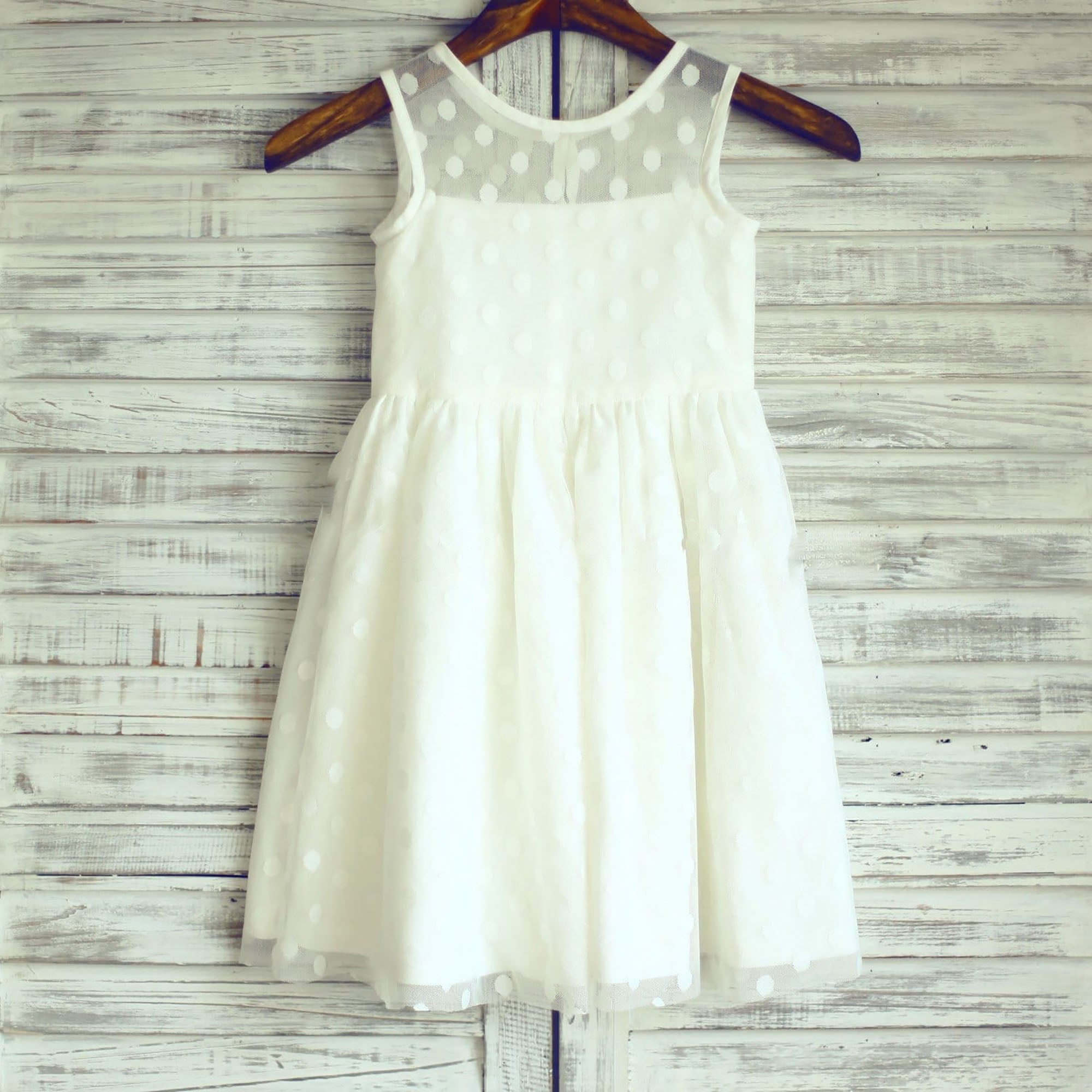 Girls Sheer Neck Ivory Polk Dot Tulle Flower Girl Dress Party Dress