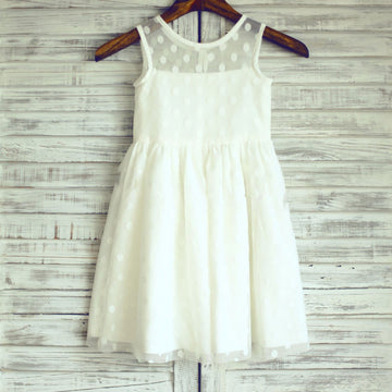 Girls Sheer Neck Ivory Polk Dot Tulle Flower Girl Dress Party Dress
