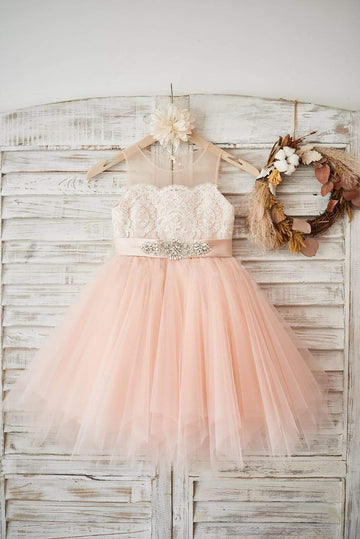 Girls Sheer Neck Peach Pink Tulle Ivory Lace Flower Girl's Dress Party Dress