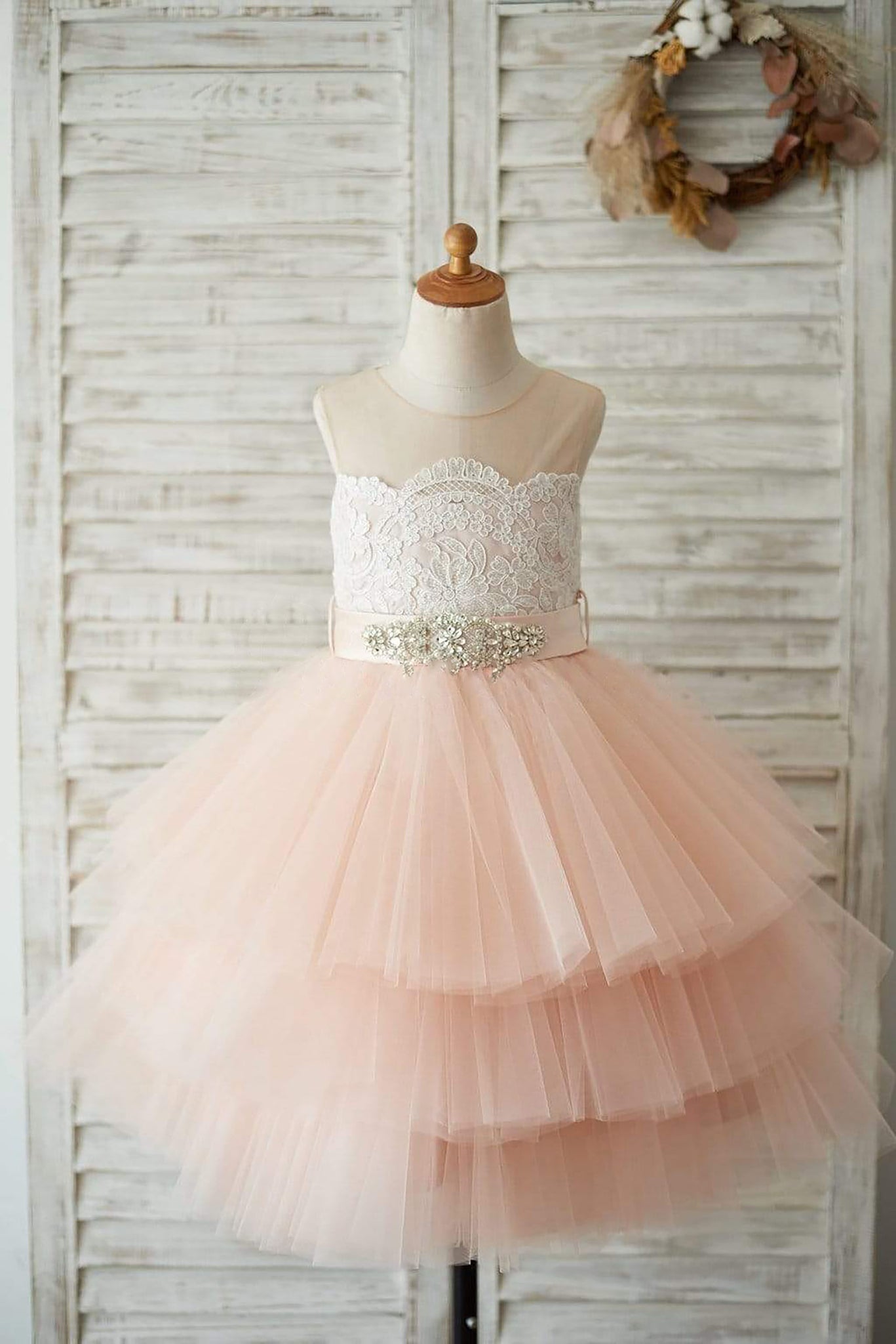 Girls Sheer Neck Peach Pink Tulle Lace Cupcake Skirt Flower Girl's Dress Party Dress