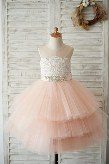 Girls Sheer Neck Peach Pink Tulle Lace Cupcake Skirt Flower Girl's Dress Party Dress