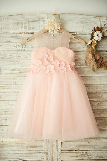 Girls Sheer Neck Pink Tulle Flower Girl's Dress Party Dress with Beading and 3D Flower