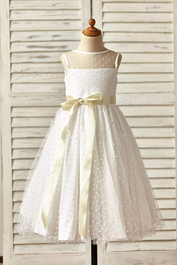 Girls Sheer Neck Polka Dot Tulle Flower Girl's Dress Party Dress with Champagne Sash
