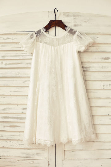 Girls Short Puffy Sleeve Ivory Eyelash Lace Flower Girl Dress