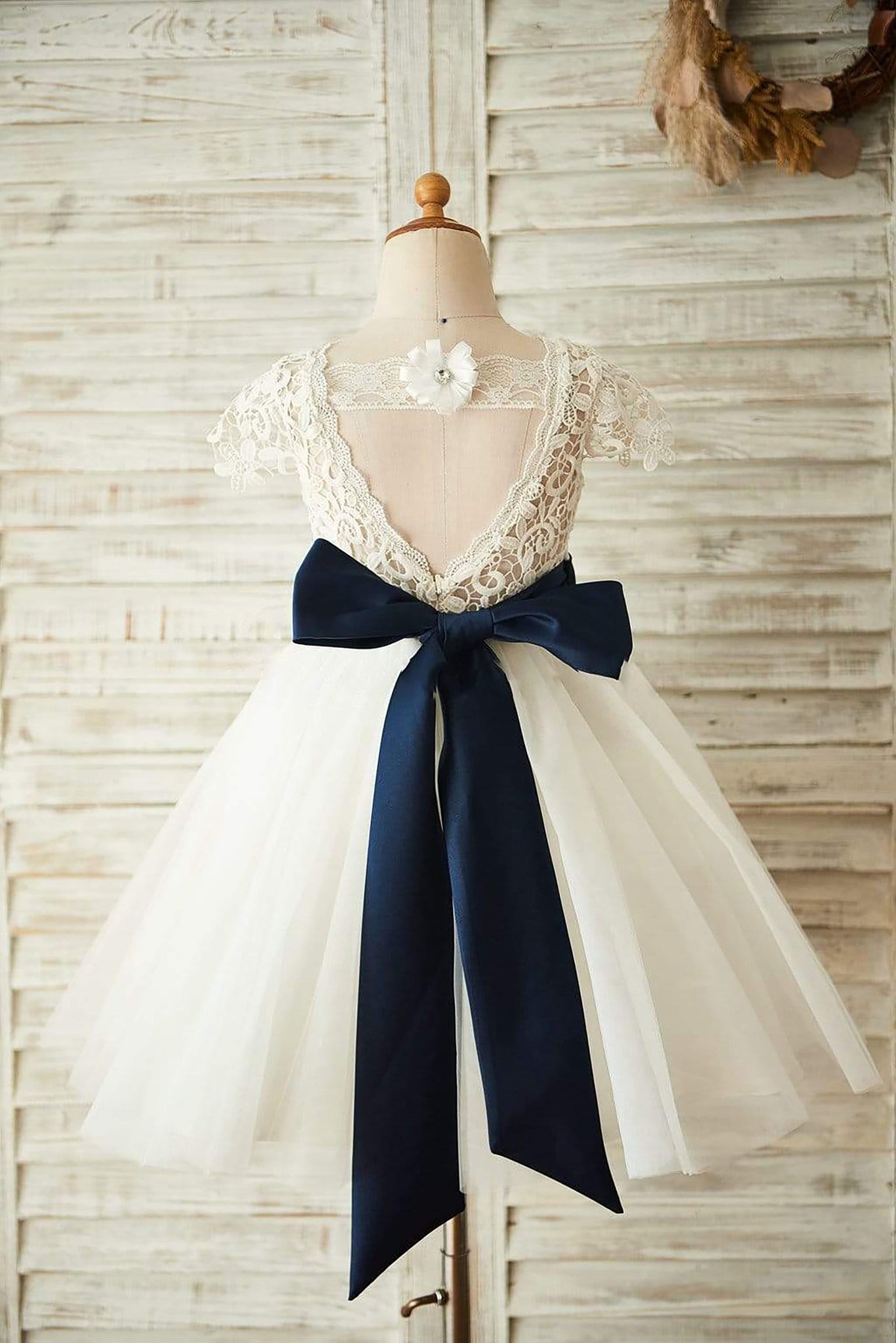 Girls Short Sleeves Lace Tulle Flower Girl's Dress Party Communion Dress with Navy Blue Belt