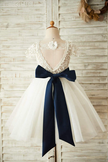 Girls Short Sleeves Lace Tulle Flower Girl's Dress Party Communion Dress with Navy Blue Belt