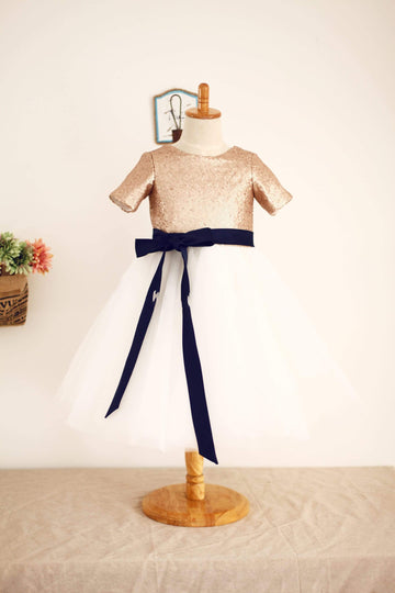 Girls Short Sleeves Mate Champagne Sequin Tulle Flower Girl's Dress Party Communion Dress