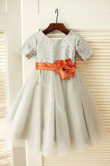 Girls Short Sleeves Silver Sequin Gray Tulle Flower Girl's Dress Party Dress