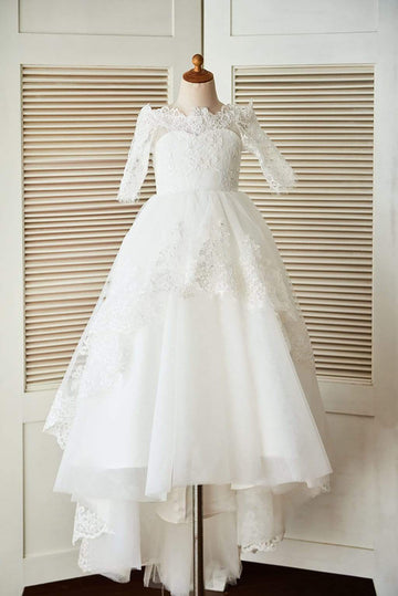 Off Shoulder Long Sleeves Beaded Lace Tulle Wedding Flower Girl Dress with Sweep Train