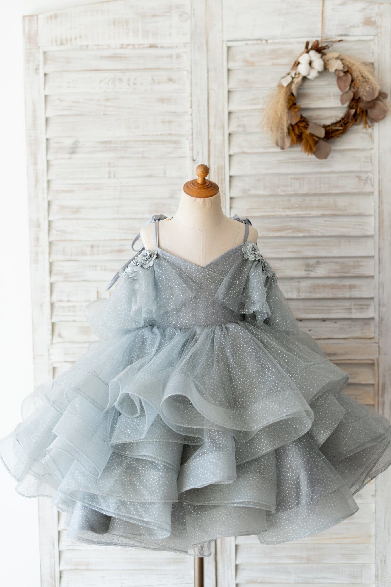 Girls Silver Gray Glittering Tulle Spaghetti Straps V Back Party Dress
