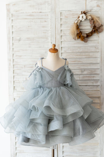 Girls Silver Gray Glittering Tulle Spaghetti Straps V Back Party Dress