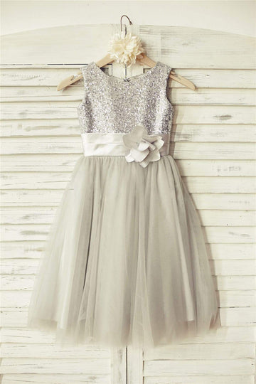 Girls Silver Sequin Gray Tulle Flower Girl's Dress Party Dress