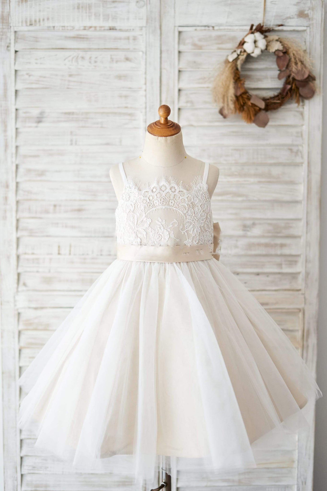 Girls Spaghetti Straps Ivory Lace Tulle Flower Girl's Dress Party Dress with Champagne Lining