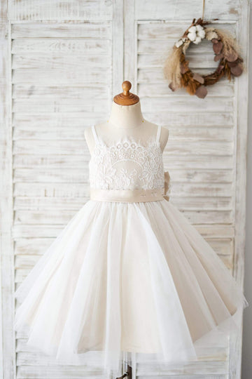 Girls Spaghetti Straps Ivory Lace Tulle Flower Girl's Dress Party Dress with Champagne Lining