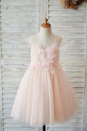 Girls Strap Blush Pink Lace Tulle Flower Girl Dress Party Dress with Beading