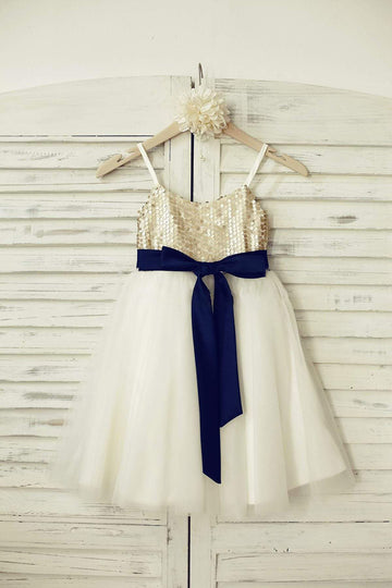Girls Thin Straps Champagne Sequin Tulle Flower Girl Dress Party Dress with Navy Blue Belt