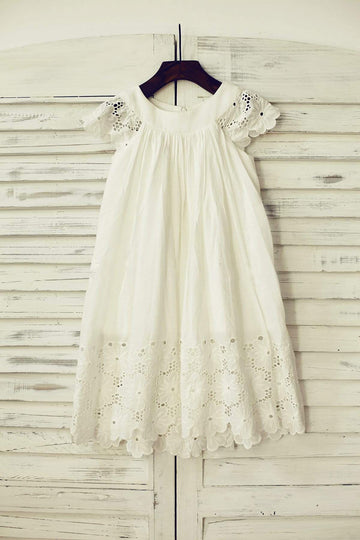 Girls Vintage Ivory Cotton Eyelet Lace Flower Girl Dress Christening Dress with Cap Sleeves